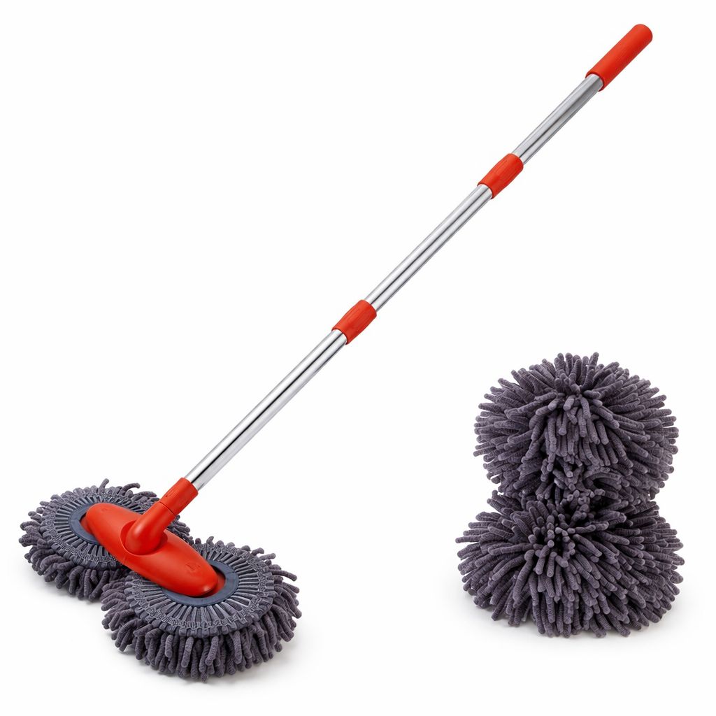 Cleaning tool with red handle and gray cleaning pads on a white background