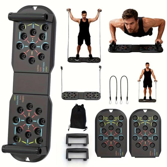 Multifunctional fitness device with various attachments on a white background