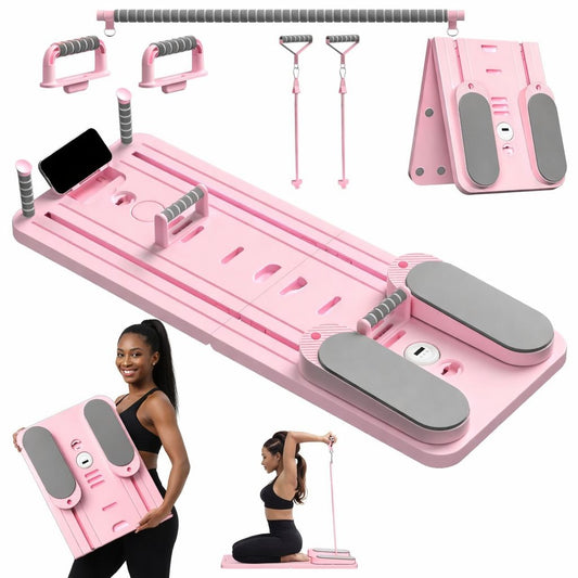 Pink and gray exercise board with various attachments on a white background