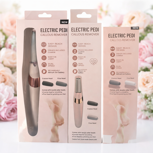 Three boxes of an electric pedicure callus remover with product details on a floral background.