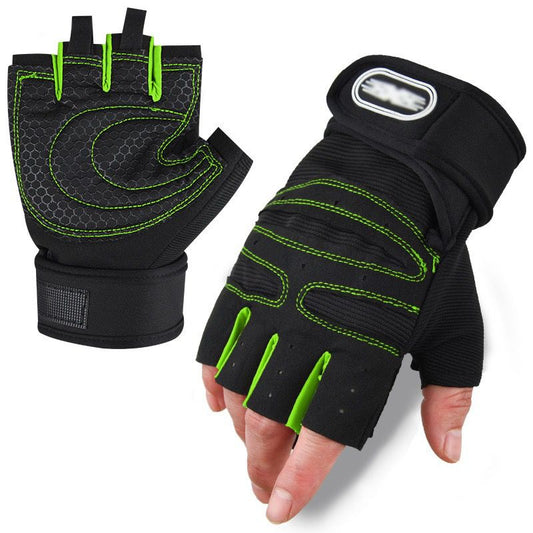 Black and green half-finger gloves on a white background