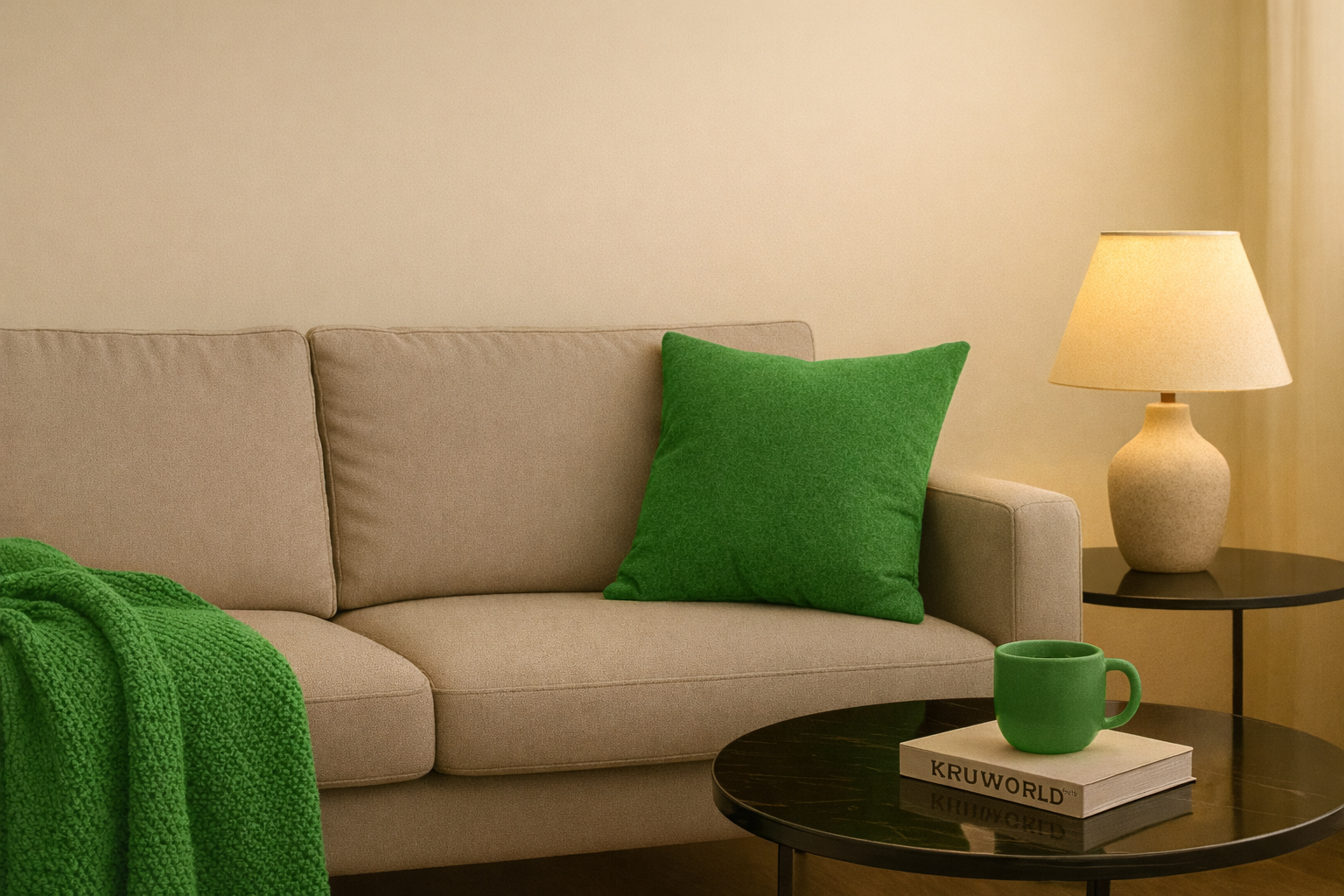 Beige sofa with a green pillow and a green mug on a table in a living room setting.