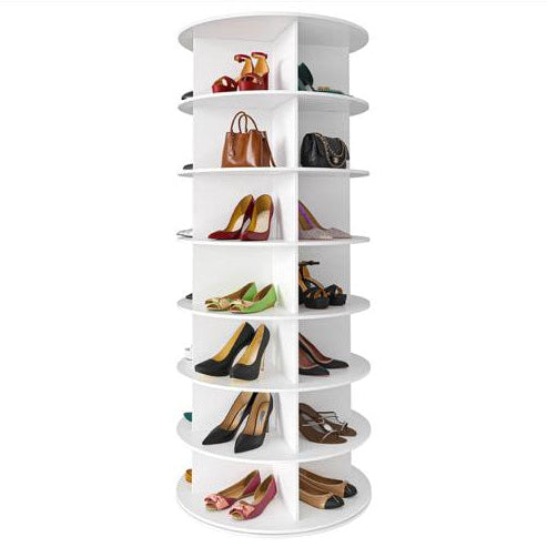 White shoe rack with various shoes on a white background